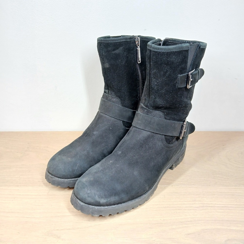 Blondo Waterproof Boots Women 7 Black Suede Leather Buckle Moto Biker Lug Sole